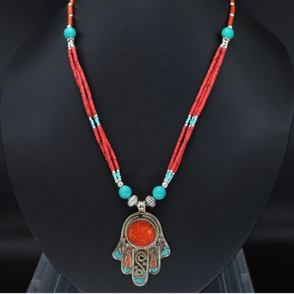 Tibetan silver Lapis, turquoise and coral Nepali necklace - Picture 5 of 9